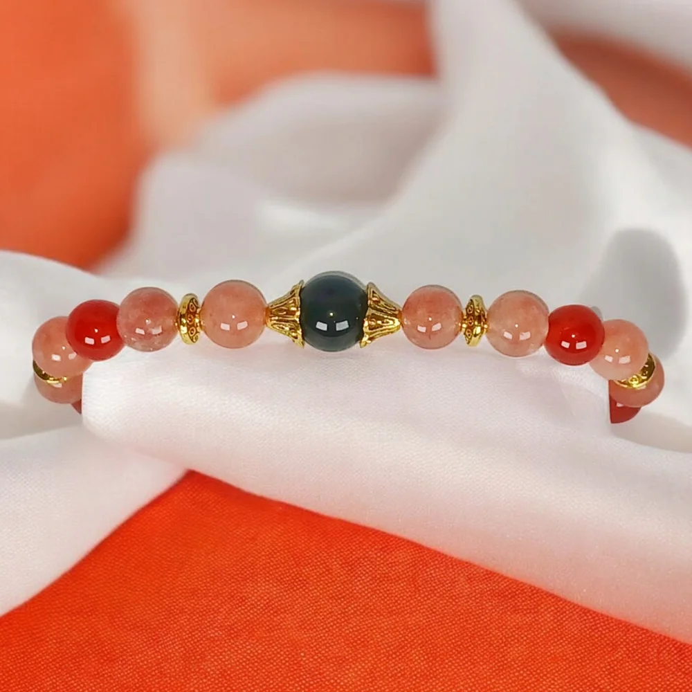 Black Onyx Sunstone & Red Agate Beaded Bracelet Southwestern Y2K Westerncore 00s